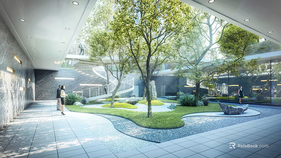 Indoor Garden With Trees Flowers Green Lawn And Stone Path In Modern Space 3d model 