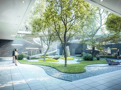 Indoor Garden With Trees Flowers Green Lawn And Stone Path In Modern Space 3d model