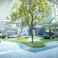 Indoor Garden With Trees Flowers Green Lawn And Stone Path In Modern Space