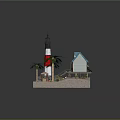 Cartoon Scene With Red White Lighthouse Blue Roof House Palm Trees Small Boat And Floating Balls