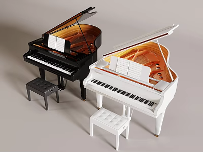 Piano Room Interior Featuring Black And White Grand Pianos With Matching Stools 3d model