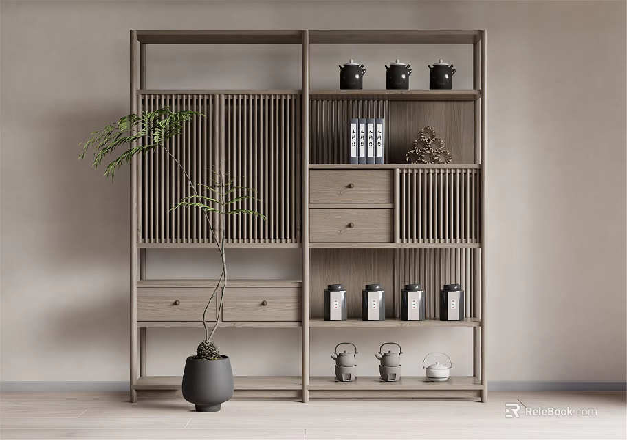 Wooden Display Shelf With Drawers Jars Books Decorative Items And Green Plant 3d model 
