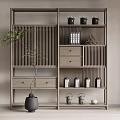Wooden Display Shelf With Drawers Jars Books Decorative Items And Green Plant
