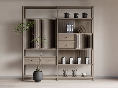 Wooden Display Shelf With Drawers Jars Books Decorative Items And Green Plant 3d model
