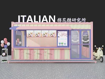 Peach Blossom Themed Milk Tea Shop With Pastel Pink Yellow Striped Exterior And Display Windows 3d model