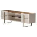 Beige TV Stand With Wooden Top Gold Metal Legs And Open Shelf Drawers