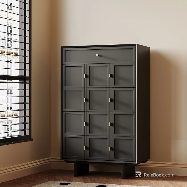 Black Modern Entryway Side Cabinet With Gold Handles And Multiple Storage Compartments 3d model 