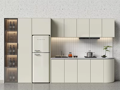Modern Light Colored Kitchen Cabinets With Vintage Refrigerator Wine Rack And Tile Backsplash 3d model