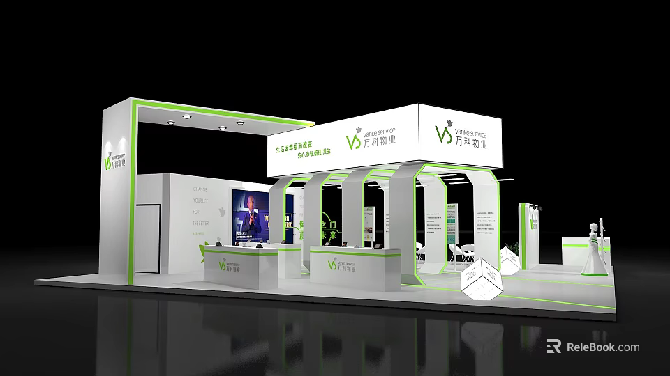 Modern Exhibition Booth Design With White Green Brand Logo Reception Counter And Digital Screen 3d model 