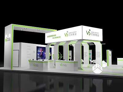 Modern Exhibition Booth Design With White Green Brand Logo Reception Counter And Digital Screen 3d model