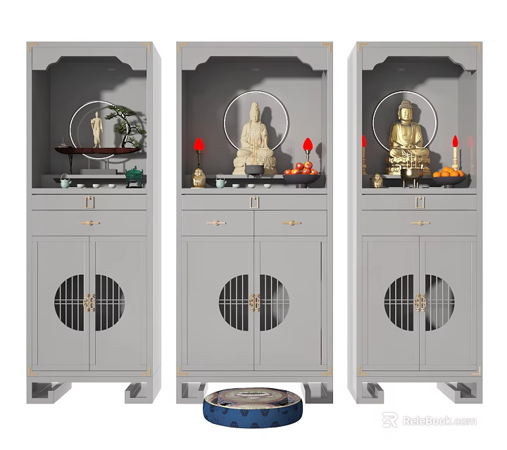Chinese Style Buddhist Shrine Cabinet With Lattice Doors And Buddha Statue Offerings 3d model 