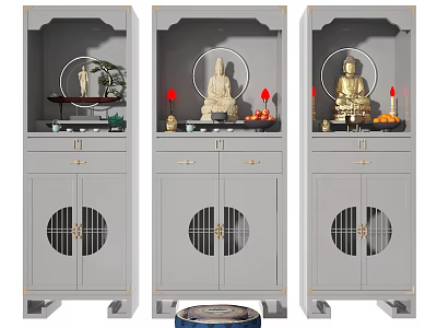 Chinese Style Buddhist Shrine Cabinet With Lattice Doors And Buddha Statue Offerings 3d model