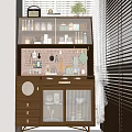 Wooden Sideboard With Glass Doors Open Shelves And Kitchen Items In Natural Light