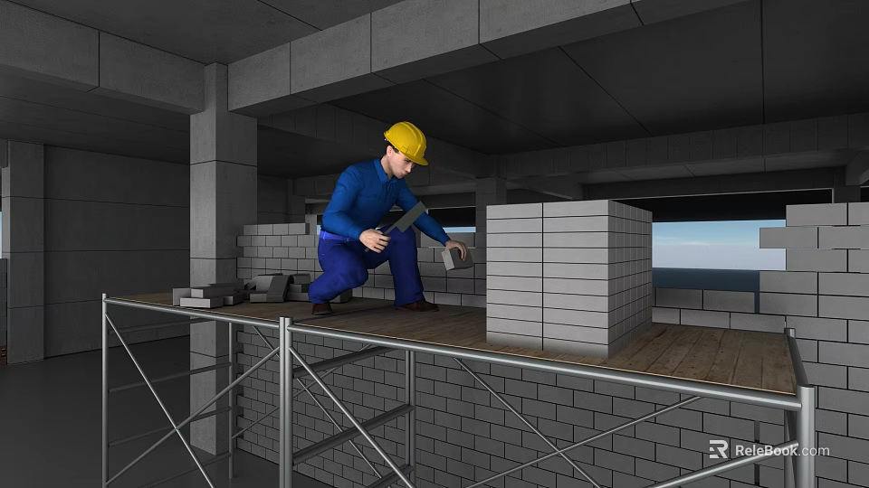 Construction Site Worker In Yellow Hard Hat Laying Bricks On Scaffolding With Brick Walls 3d model 