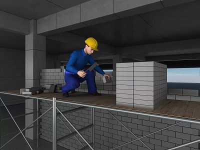 Construction Site Worker In Yellow Hard Hat Laying Bricks On Scaffolding With Brick Walls 3d model