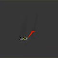 Green Aquatic Creature With Red Tail And Yellow Eyes Swimming In Dark Underwater With Bubbles