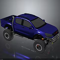 Blue Modified Off Road Pickup Truck With Large Tires Roof Rack And Front Bumper