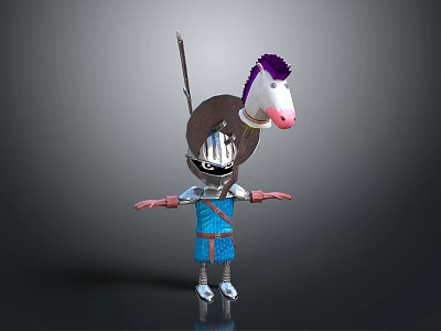Game Movie Character In Blue Armor With Helmet Spear And Toy Horse 3d model