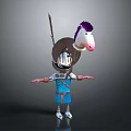 Game Movie Character In Blue Armor With Helmet Spear And Toy Horse