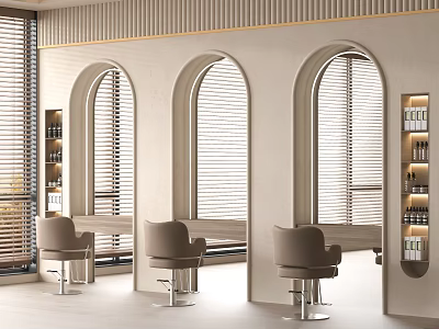 Commercial Equipment For Modern Café Brown Chairs Metal Frame Small Tables Arch Windows Blinds 3d model