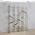 Modern Transparent Glass Bookcase with Golden Frame Slanted Shelves Against Marble Wall Background with Books