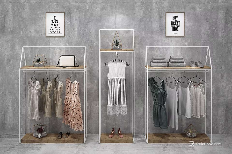 Fashionable Women's Clothes On Hangers With Dresses Shirts Shoes And Wall Art 3d model 