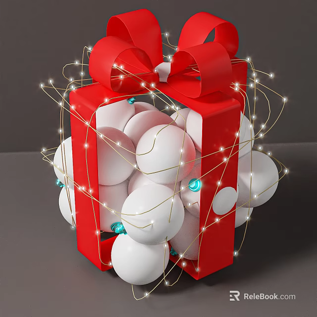 Art Installation Featuring Red Gift Box Red Bow White Spherical Decorations And Golden Fairy Lights 3d model 