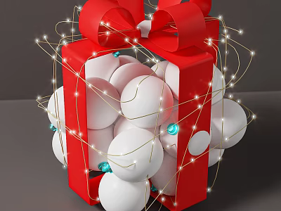 Art Installation Featuring Red Gift Box Red Bow White Spherical Decorations And Golden Fairy Lights 3d model