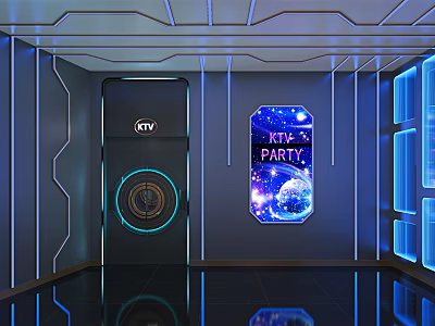 KTV Interior With Modern Design Blue Lighting Neon Party Sign And Reflective Floor 3d model