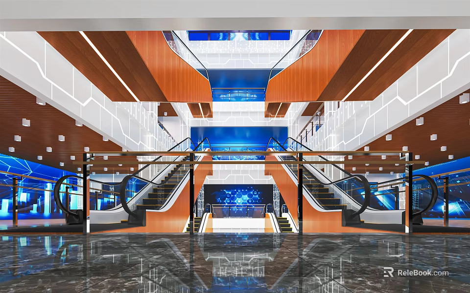 Modern Shopping Mall Lobby With Glass Railings Staircases Wooden Ceiling Panels And Blue Digital Screens 3d model 