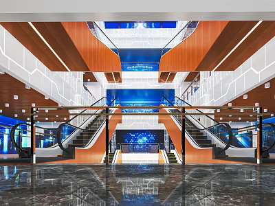 Modern Shopping Mall Lobby With Glass Railings Staircases Wooden Ceiling Panels And Blue Digital Screens 3d model