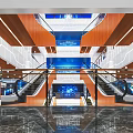 Modern Shopping Mall Lobby With Glass Railings Staircases Wooden Ceiling Panels And Blue Digital Screens