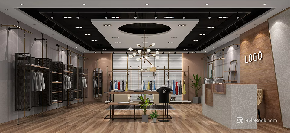 Modern Clothing Store Interior With Circular Ceiling Chandelier And Colored Clothes Racks 3d model 