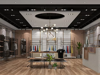 Modern Clothing Store Interior With Circular Ceiling Chandelier And Colored Clothes Racks 3d model
