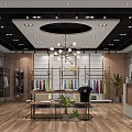 Modern Clothing Store Interior With Circular Ceiling Chandelier And Colored Clothes Racks