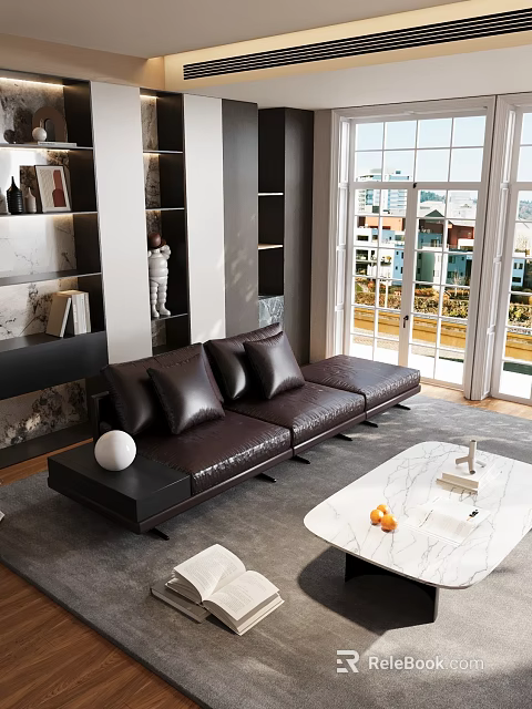 Modern Living Room Interior Featuring Brown Leather Sofa Marble Coffee Table Large Windows And Decorative Shelves 3d model 
