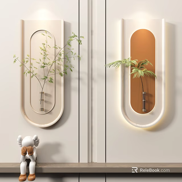 Stylish Wall Decor Featuring Oval Frames Green Plants And Soft Lighting 3d model 
