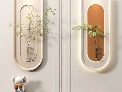 Stylish Wall Decor Featuring Oval Frames Green Plants And Soft Lighting 3d model