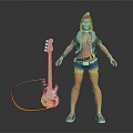 3D Female Character In Casual Outfit With Colorful Electric Guitar And Yellow Cable