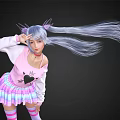 Woman With Long Blue Hair Wearing Pink Top Heart Design And Colorful Striped Skirt Posing