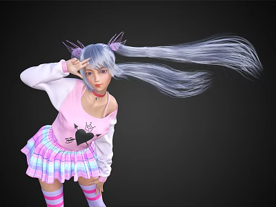 Woman With Long Blue Hair Wearing Pink Top Heart Design And Colorful Striped Skirt Posing 3d model