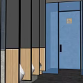 Modern Public Restroom With Dark Tile Walls Stalls And Wooden Pedestals