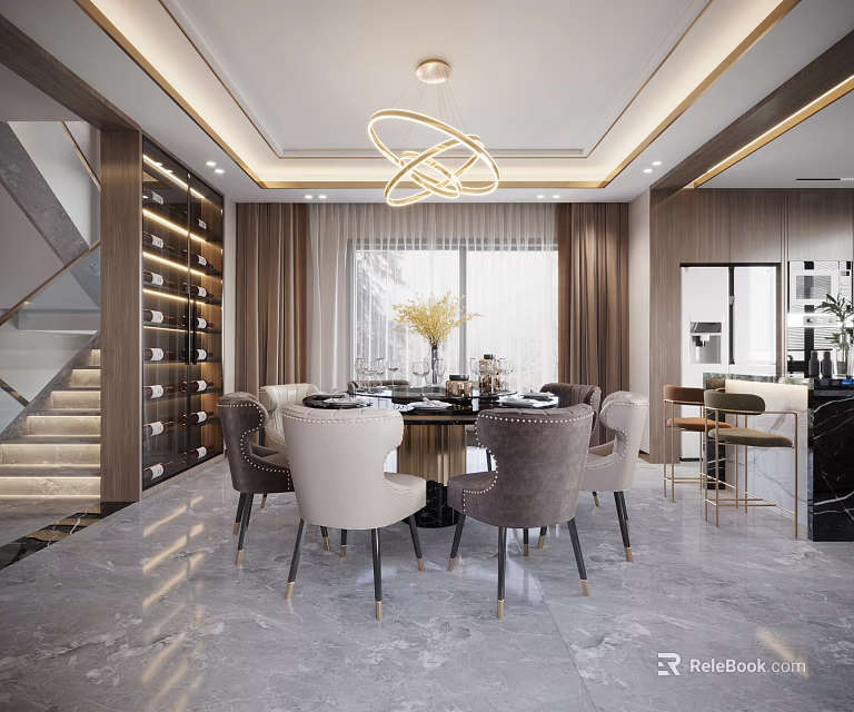 Modern Restaurant Interior With Round Dining Table Chairs Circular Pendant Light And Marble Floor 3d model 