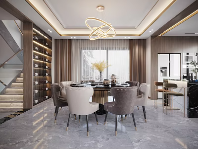 Modern Restaurant Interior With Round Dining Table Chairs Circular Pendant Light And Marble Floor 3d model