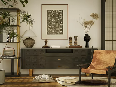 Modern Chest of Drawers Interior With Armchair Decorative Plants Wall Art And Tabletop Decor 3d model