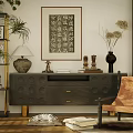 Modern Chest of Drawers Interior With Armchair Decorative Plants Wall Art And Tabletop Decor