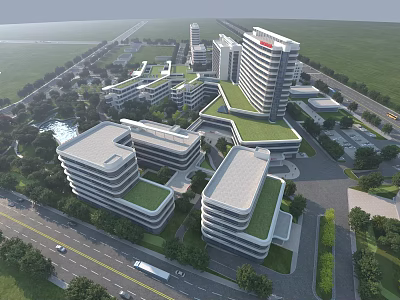 Modern Hospital Buildings With Green Roofs And Surrounding Landscape Architecture 3d model