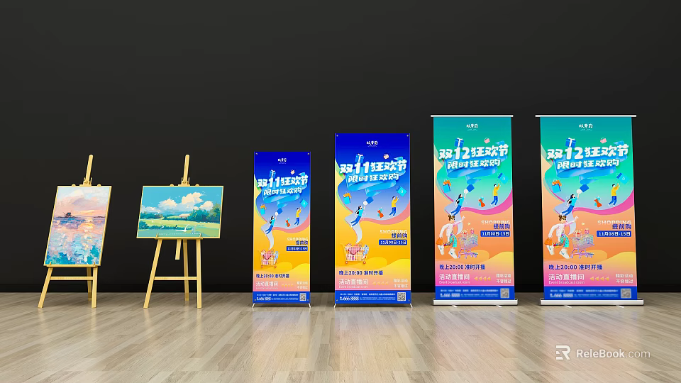 Colorful Advertising Billboards With Roll Up Banners And Vibrant Graphics 3d model 