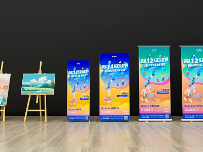 Colorful Advertising Billboards With Roll Up Banners And Vibrant Graphics 3d model