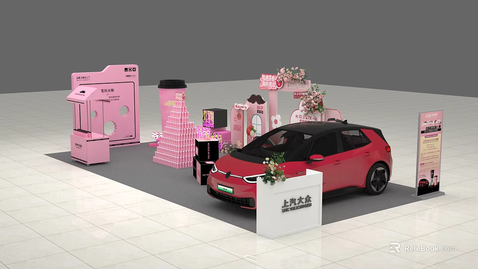 Pink Art Installation For Shanghai Volkswagen Exhibition Booth With Floral Decorations And Red Car 3d model 